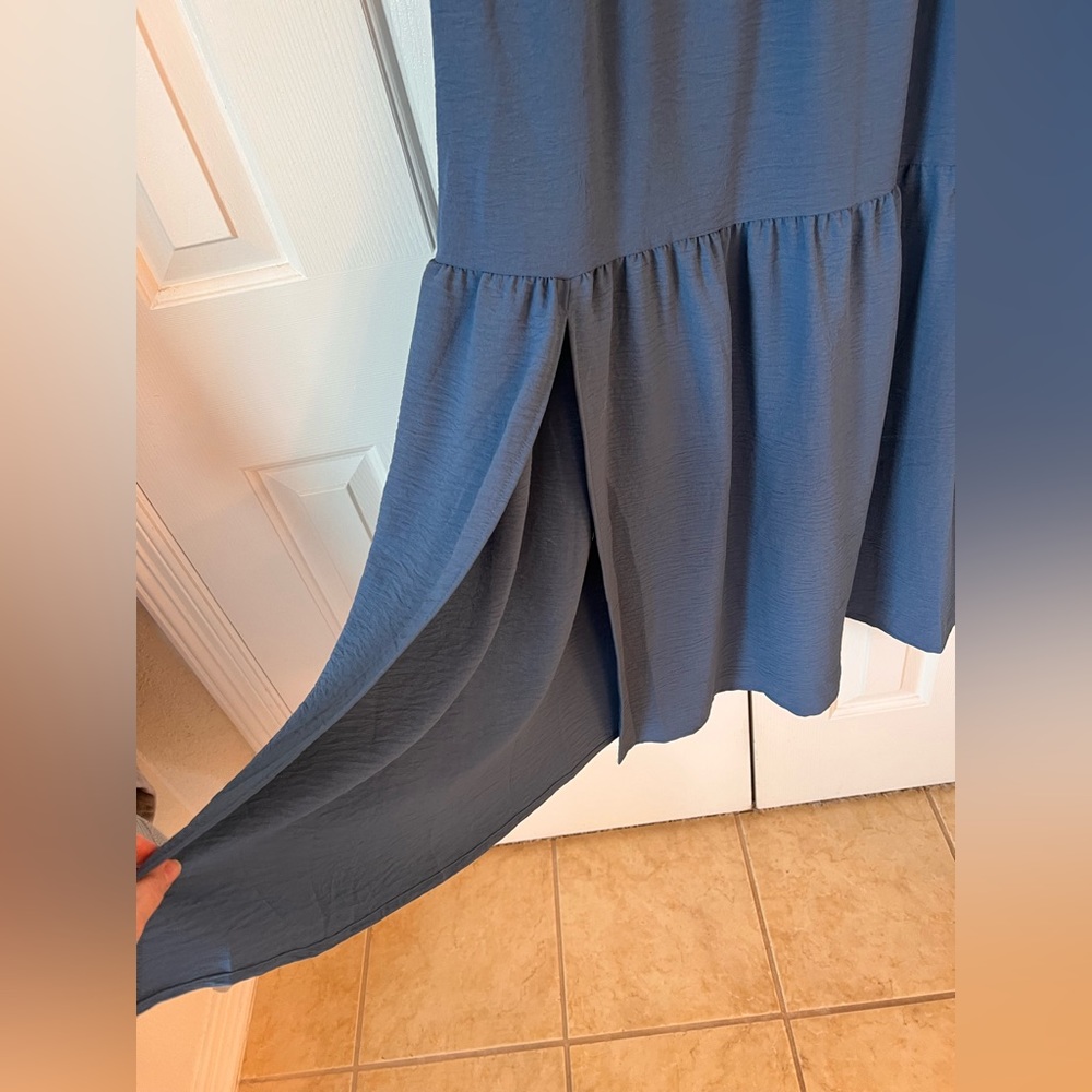 V Neck 3/4 Puff Sleeve Smocked Long Ruffle Midi Dress - Picture 6 of 8